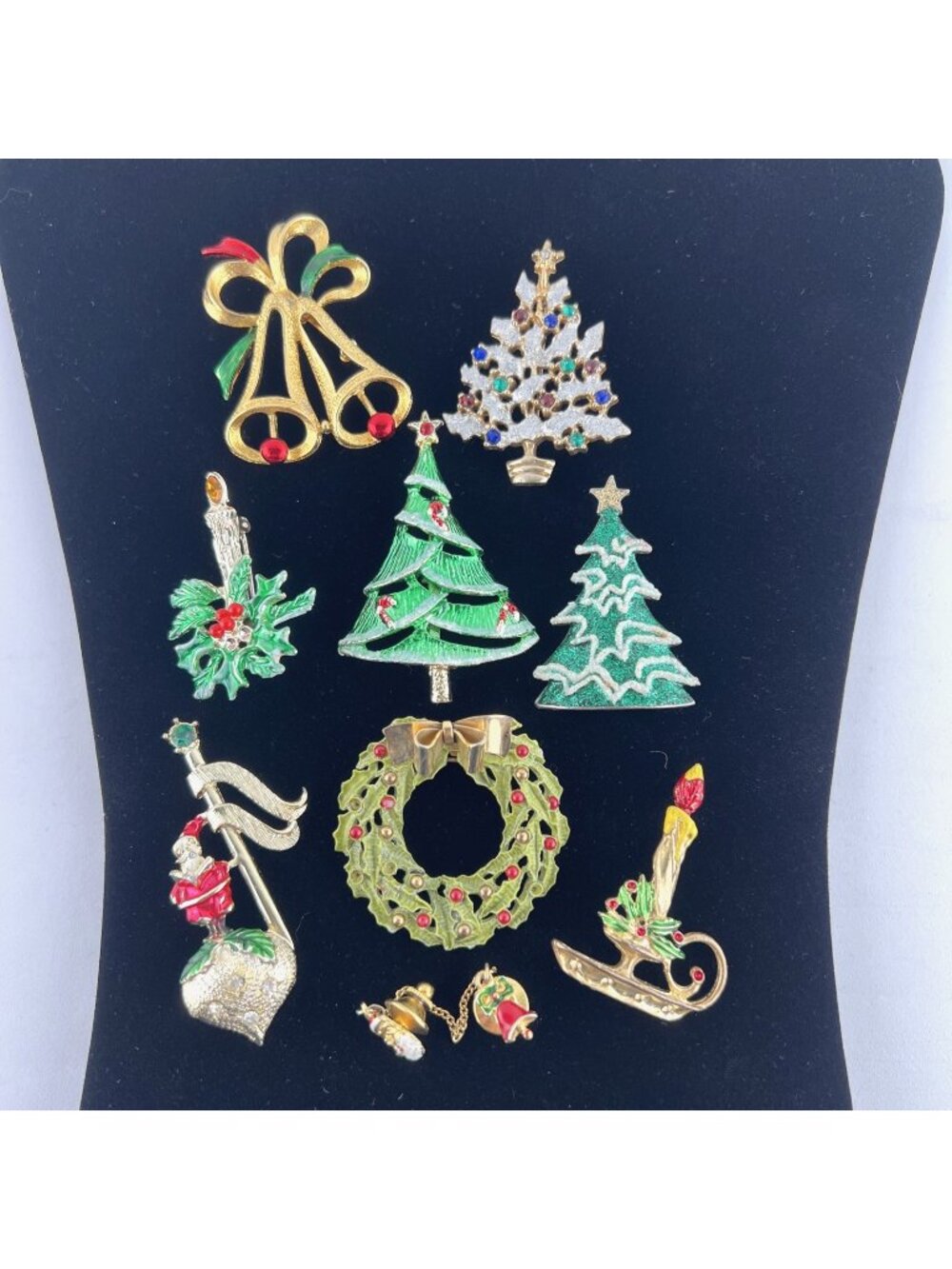 Vintage Christmas Brooch Pin Lot Of 9 Tree Wreath Candles Santa and Bells